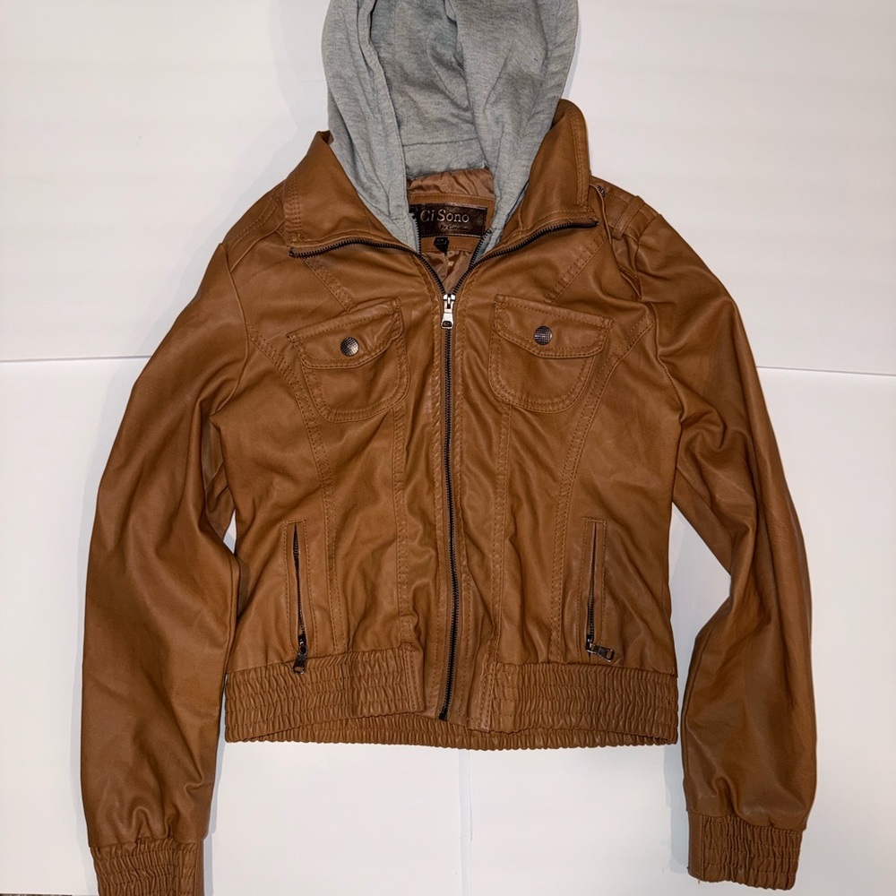 Ci Sono Tan Faux Leather Jacket with Gray Hood